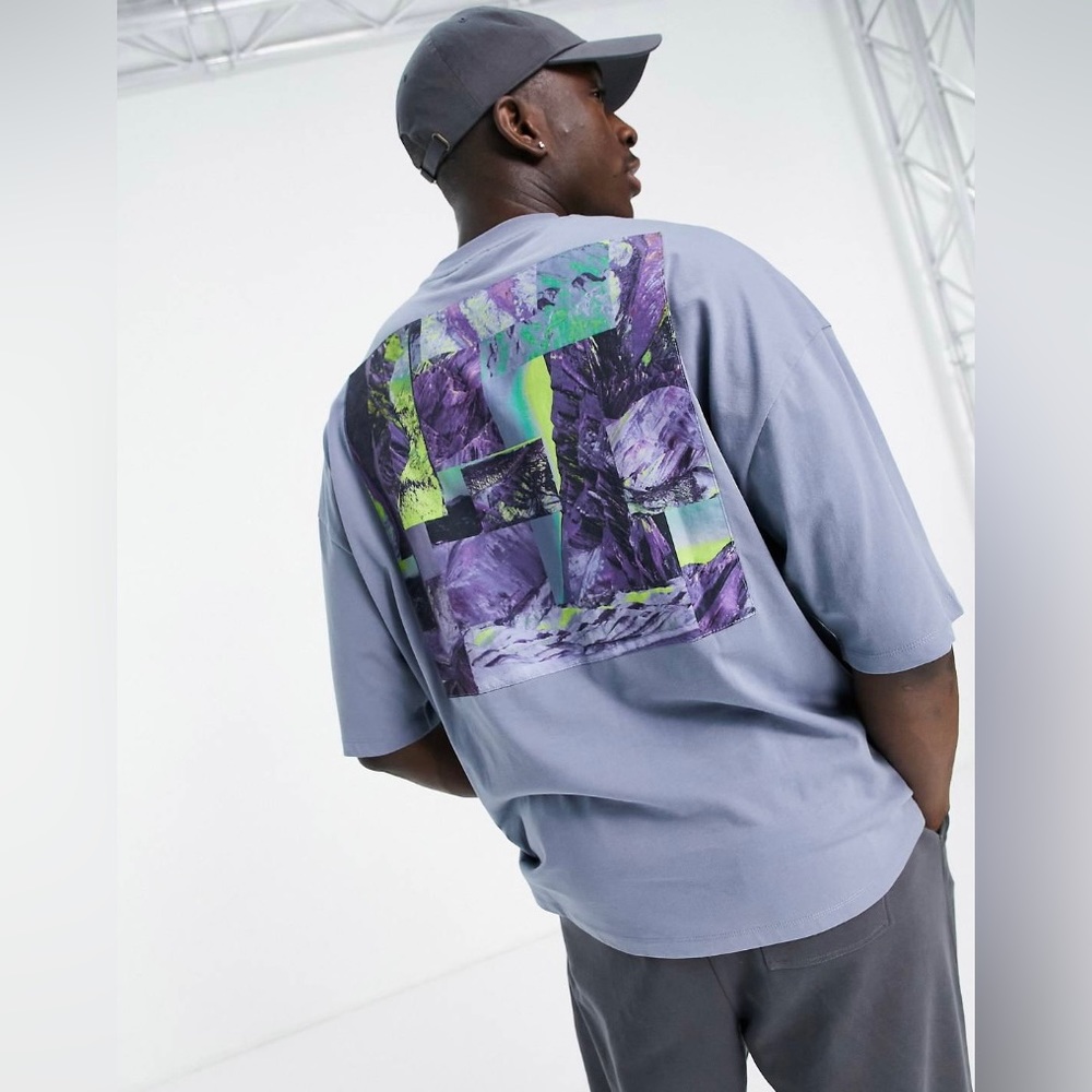 ASOS DESIGN oversized t-shirt in blue with photographic back print panel